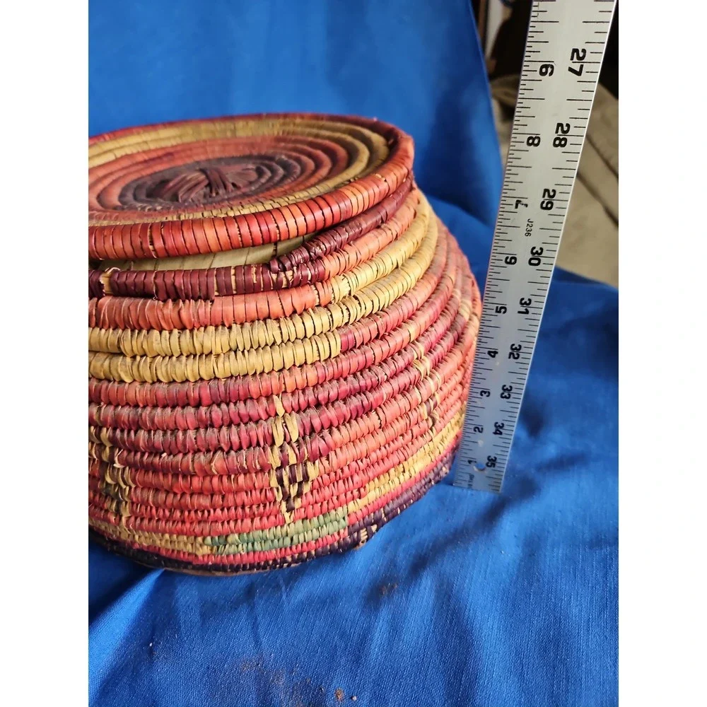 Handwoven Coiled Basket Lidded Storage Rustic Primitive Leather Polychrome 10